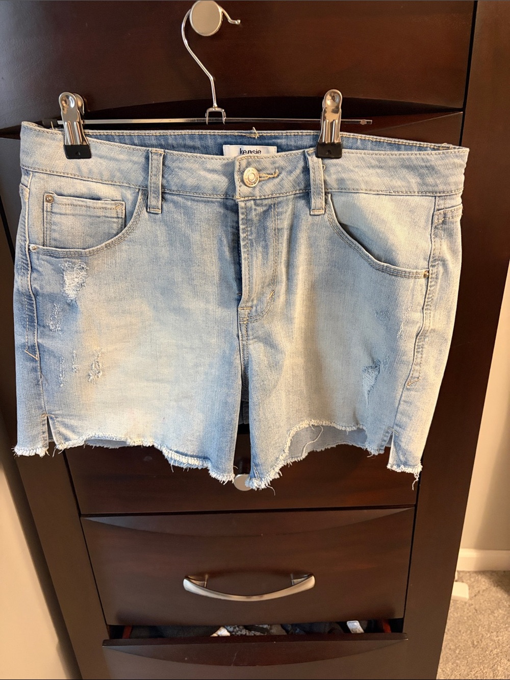 Kensie Light Blue Distressed Denim Mini Skirt